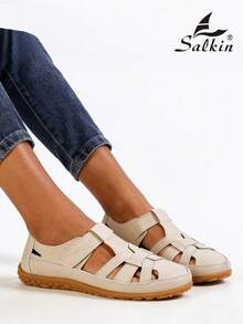 Sandálias femininas de verão com fecho, design minimalista de bico fechado para uso confortável ao ar livre, sapatos baixos sem fecho, adequados para jeans, saias, tamanhos grandes, estilo férias. - Bege - Ver 9