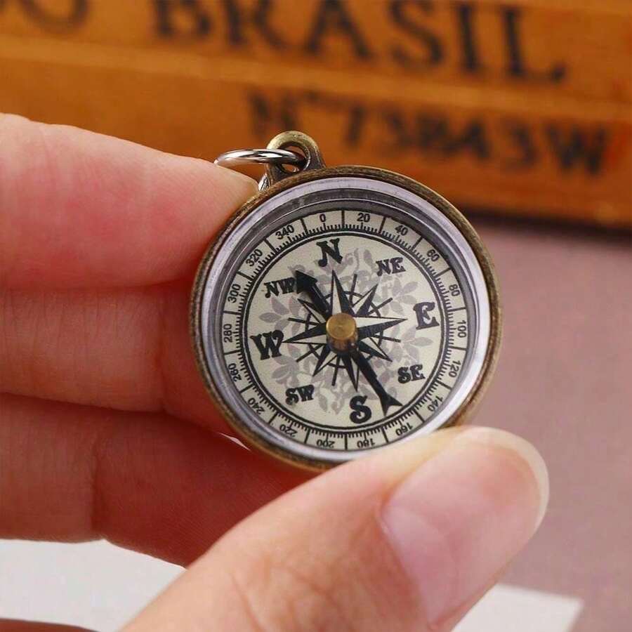 1pc Mini Compass Vintage Survival Zinc Alloy Pocket Compass With Key Ring Camping Compass Keychain Trekking Navigation Tools Thank You Gifts Teacher Accessories - Gold - View 1