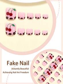 24pcs Summer Toe Nail Stickers, Elegant Cherry & Leopard Print French Manicure Full Cover Fake Nails Set, Includes 1 Sticker Sheet And 1 Mini Nail File, Suitable For Ladies And Girls Daily Wear, Random Jelly Glue Delivery - Multicolor - View 2