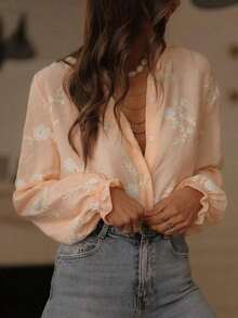 Hot Selling Retro Embroidery Ruffle Hem Floral & Leaf Print Buttoned Women Blouse, Daily Wear Spring - màu đen - Xem 8