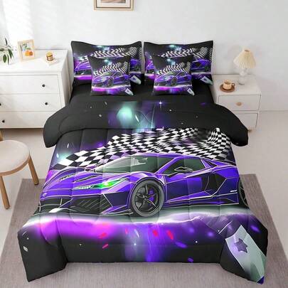 Feelyou 7 Piezas Juego de Ropa de Cama de Carreras de Autos Morados, Juego de Edredón de Deporte Extremo Queen/King, Juego de Cama con Bandera Negra y Blanca, Decoración de Habitación, Incluye 1 Edredón + 1 Sábana Plana + 1 Sábana Ajustable + 2 Fundas de Almohada + 2 Cojines, Super Suave y Transpirable, Fácil de Cuidar Todo el Año, Juego de Cama Completo, Decoraciones para Dormitorio, Regalo de Vacaciones
