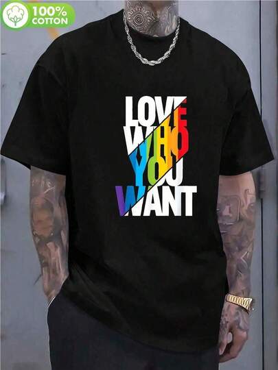 Camiseta Gráfica Retro de los 80 para Hombre en con Diseño Multicolor Inspirado Neón (RosaAmarilloAzulMorado) y Letras Blancas Audaces LOVE & WHO YOU WANT - Estilo Cultura de los años 80, Ajuste Regular Manga Corta Cuello Redondo Camiseta Casual para Fiestas Temáticas de los 80 y Atuendo Diario - Tela Suave Lavable a laáquina - Ropa Nostálgica del Iconico Musical de los 80s, Camisetas Divertidas para Hombres AO78