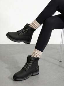 Athlefit Women's Work Waterproof Hiking Combat Boots Lace Up Low Heel Booties Ankle Boots - 黑色 - 查看 3