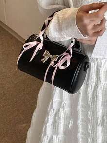 Túi xách nhung thắt nơ phong cách retro Hàn Quốc độc đáo, túi đeo vai đa năng thời trang dành cho nữ công sở. - màu đen - Xem 2