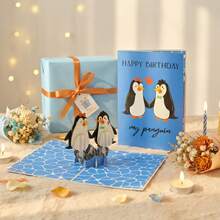 1 set de carte d'anniversaire artisanale 3D avec pingouin et enveloppe "JOYEUX ANNIVERSAIRE À MON PINGOUIN", carte de décoration d'anniversaire mignonne, idéale pour envoyer à un partenaire, un petit ami - Voir 1