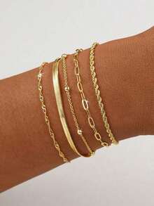 Set de 5 piezas de pulseras apilables elegantes en tono dorado, adecuadas para el uso diario de las mujeres (cantidad de cuentas aleatoria, longitud fija) CPLG - Paquete de 5 unidades de oro 2 - Ver 1