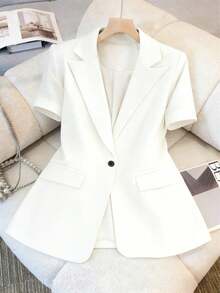 Women's Short Sleeve Solid Blazer, Collared Front Button Pocket Jacket, Lightweight Business Casual For Office, Commuting, Daily, Spring Summer Fall - White Short-sleeved Shirt - View 4