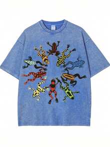 Summer Tops, Washed Cotton, Dancing Frog Feast Print T-Shirt, High-Quality Batik Cotton Vintage Fashion Brand T-Shirt, Unisex T-Shirt, Popular Daily Wear T-Shirt, Holiday Gift, Perfect Present - 寶藍色 - 查看 1