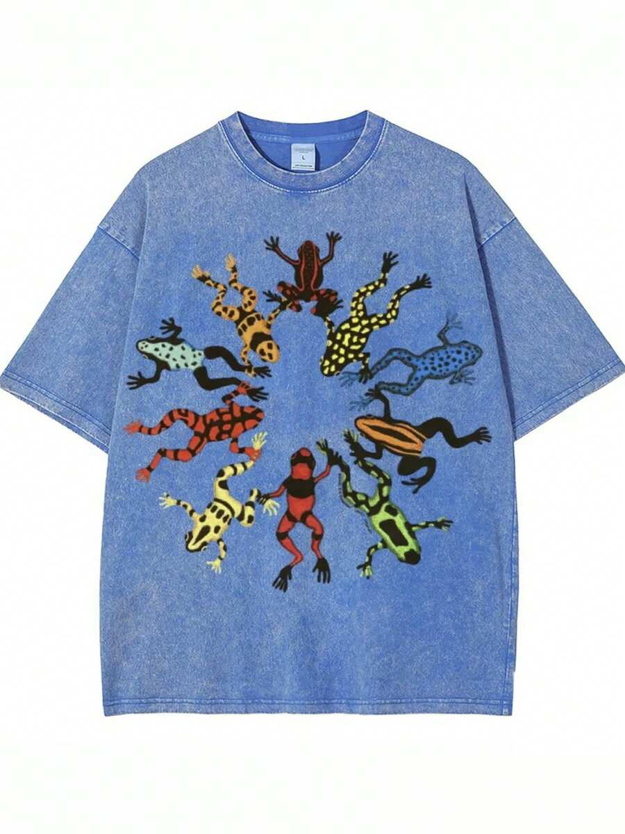 Summer Tops, Washed Cotton, Dancing Frog Feast Print T-Shirt, High-Quality Batik Cotton Vintage Fashion Brand T-Shirt, Unisex T-Shirt, Popular Daily Wear T-Shirt, Holiday Gift, Perfect Present - 寶藍色 - 查看 1