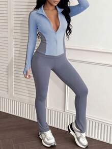 女士两件套，时尚修身撞色拉链外套和裤子套装，女士撞色拉链领运动套装，长袖带拇指孔健身上衣和高腰修身运动裤，专业瑜伽跑步健身服，春季款 - 天藍色 - 查看 2