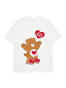 SHEIN | Care Bears 夏季女式短袖经典卡通棕熊轮滑复古图案T恤，融合甜美少女风格与美式复古美学 - 白色 - 查看 3