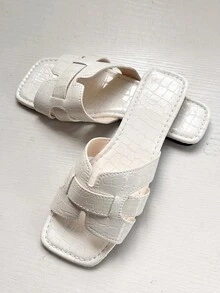 Sandales plates pour femmes, design mode carré orteil blanc avec motif floral gaufré crocodile, convient pour les robes, l'été - Blanc - Voir 6