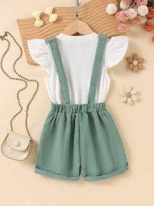 2pcs Toddler Girls Casual Outdoor Ribbed Flutter Sleeve Top & Corduroy Overalls Set, Mid-Weight, Spring/Summer - Green - View 3