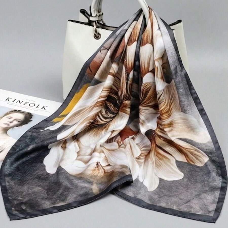 Floral Satin Scarf 90x90 – Retro Women's Fashion Head And Neck - 黑2 - 查看 1