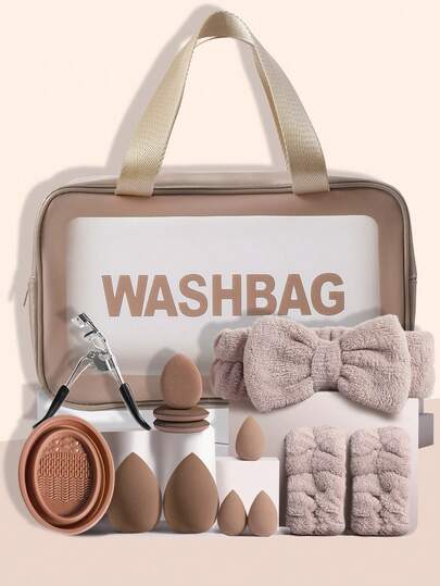 Bộ dụng cụ trang điểm 14 món bao gồm: 1 túi đựng mỹ phẩm và đồ dùng cá nhân đa năng có khóa kéo chống thấm nước + 1 dụng cụ uốn mi + 3 bông phấn mini + 1 băng đô cài tóc + 2 dây đeo bát đựng phấn + 3 mút trang điểm mini + 2 mút trang điểm + 1 dụng cụ vệ sinh cọ trang điểm, tất cả trong một và thân thiện với người mới bắt đầu | Sẵn sàng mang theo du lịch và làm quà tặng | Hoàn hảo cho người mới bắt đầu/phụ nữ.