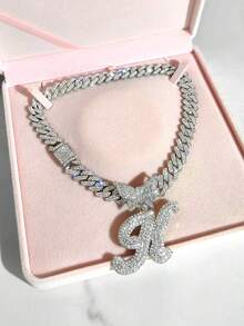 14mm Cuban Link Crystal Butterfly Letter Name Pendant Necklace, Sparkling Paved Rhinestone Cursive Letter Hip Hop Jewelry, New Arrival - Necklace - View 1