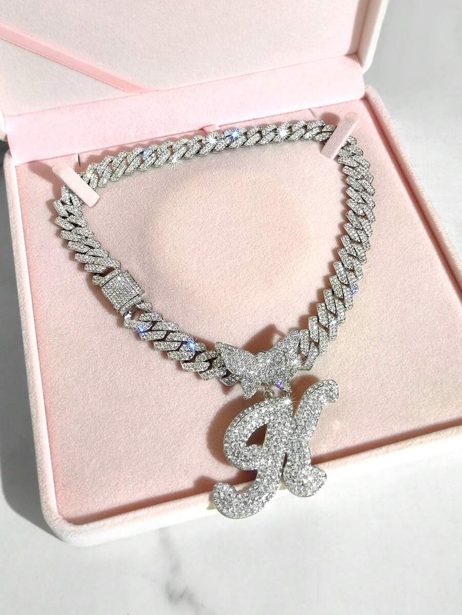 14mm Cuban Link Crystal Butterfly Letter Name Pendant Necklace, Sparkling Paved Rhinestone Cursive Letter Hip Hop Jewelry, New Arrival - Necklace - View 1