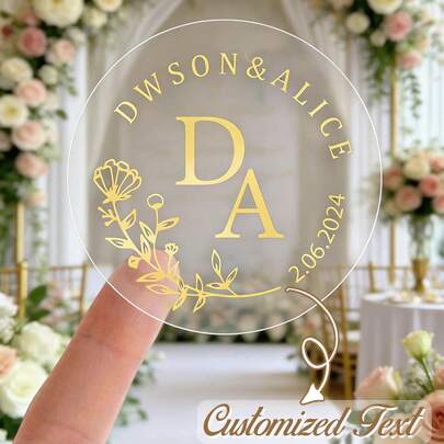 2/10/20pcs Personalized Golden Transparent Vinyl Stickers For Easy Customization Of Leaf Initials Handwritten Circular Wedding Personalized Stickers For Baptism Preferences, Parties, And Golden Wedding Decorations