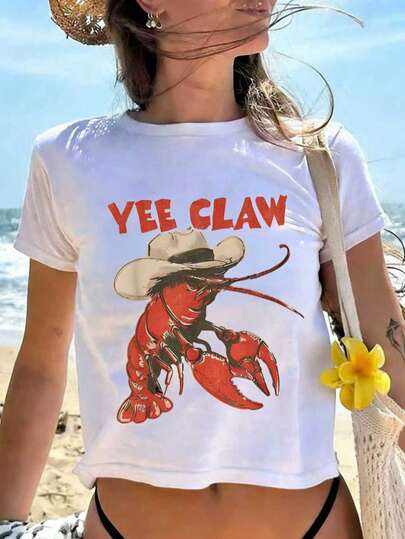 夏季新款时尚休闲百搭简约龙虾牛仔印花圆领短袖T恤（女款）