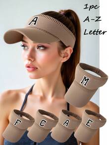 1pc Women's Personalized A-Z Letter Open Top Knit Beanie, Soft Knit Ponytail Hole Beanie, Casual Ponytail Knit Hat, Elastic Ponytail Knit Cap, Fashionable Open Top Knit Hat, Suitable For Daily Commute, Shopping, Outdoor Sports, Street Wear,Beach,Travel - Khaki - View 1