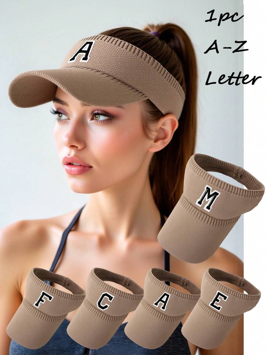 1pc Women's Personalized A-Z Letter Open Top Knit Beanie, Soft Knit Ponytail Hole Beanie, Casual Ponytail Knit Hat, Elastic Ponytail Knit Cap, Fashionable Open Top Knit Hat, Suitable For Daily Commute, Shopping, Outdoor Sports, Street Wear,Beach,Travel - Khaki - View 1