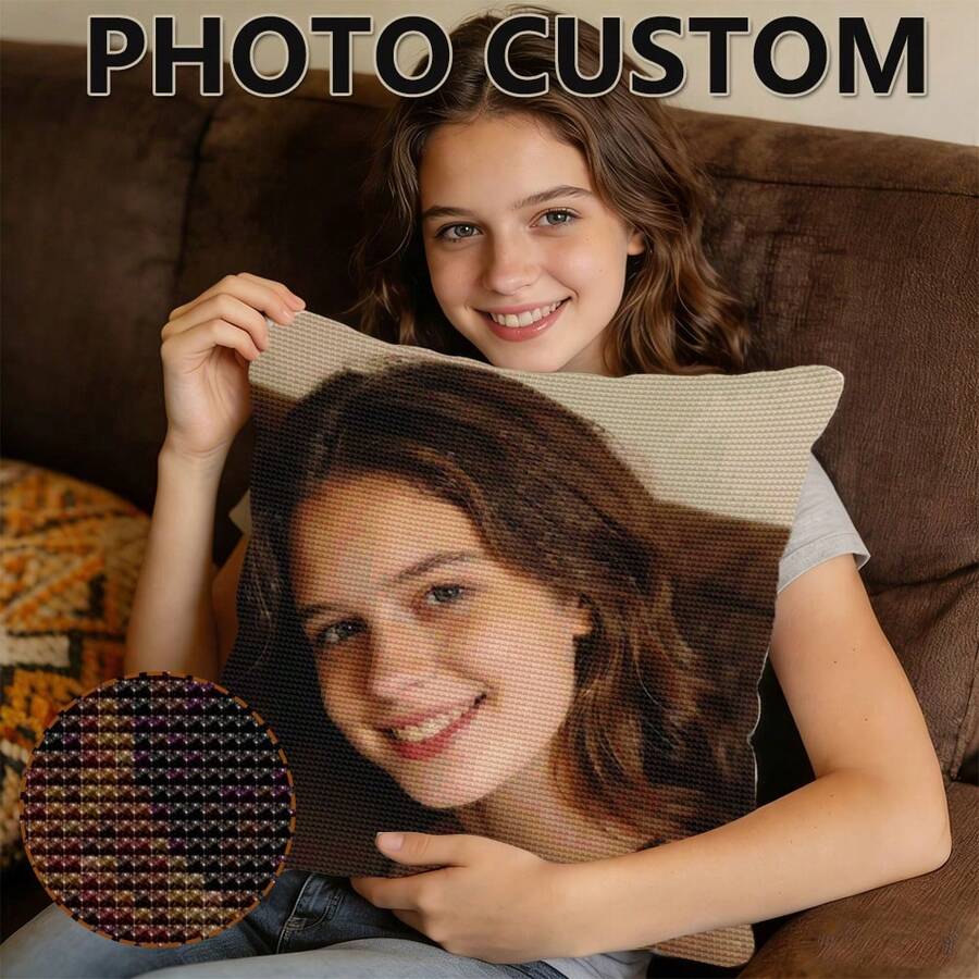 Customized Photo Cross Stitch Pillow Kit, 45X45 Printed Canvas, With Pillow Core, Giving A Unique And Convenient Impression, 11CT Printed Canvas Embroidery Kit For Beginners Artwork Sewing Supplies DIY Crafting Material Pack Handwork Art Gift - Multicolor - View 1