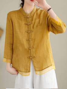 宽松复古中国风七分袖拼接设计衬衫 - 黃色 - 查看 6