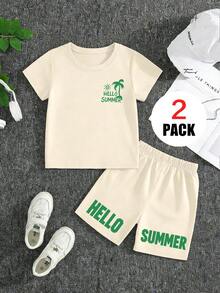 2件組男童夏季「HELLO SUMMER」椰子樹印花短袖T恤+短褲套裝，舒適透氣柔軟休閒穿搭，寬鬆百搭海灘度假童裝 - 杏色 - 查看 2