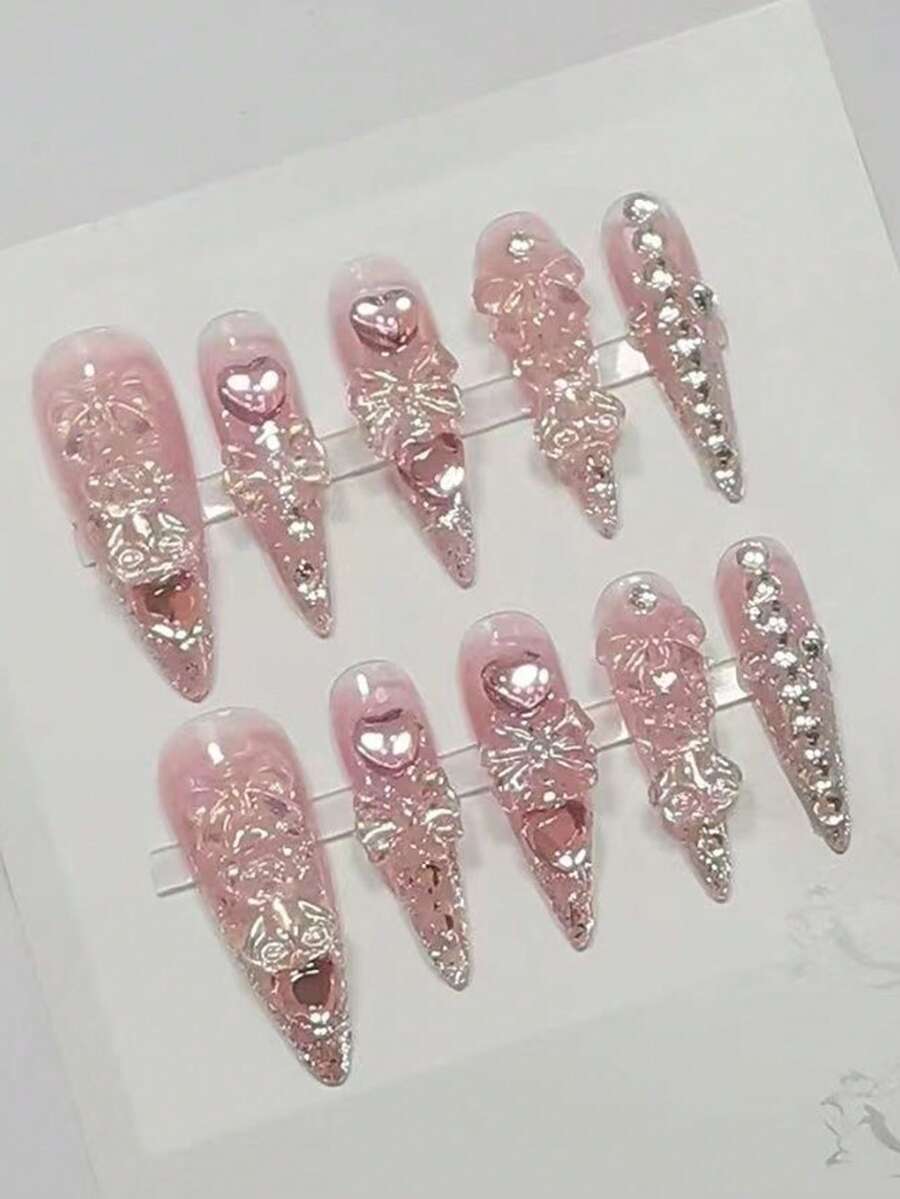 10片卡通可爱粉色奶昔美甲蝴蝶结小熊星星闪亮假指甲，粉色甜美少女手工美甲，按压式美甲/长尖指甲/按压式美甲/可爱美甲/粉色美甲/Y2K美甲/美甲用品（1张果冻贴纸+1个指甲锉），适合生日派对、舞会和日常佩戴。 - 粉色 - 查看 1
