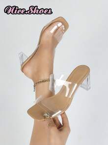 Giày sandal cao gót nữ trong suốt hai quai, mũi vuông, gót dày, kiểu dáng thời trang, thanh lịch, gợi cảm, thoải mái, phù hợp đi làm hàng ngày, hẹn hò, dự tiệc tối, cocktail, đi biển, đám cưới, phù dâu, tiệc trà chiều, dép lê cao gót trong suốt màu nude, thích hợp cho mùa xuân hè thu. - Trong sáng - Xem 1