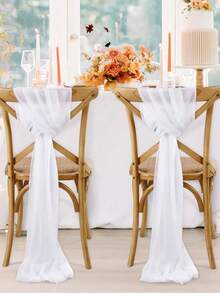 16pcs/Set Romantic Wedding Chair Sash Bow Decor, 20*275cm/7.8*108in Long Chiffon Ribbons For Wedding Aisle, Ceremony, Reception, Church, Party, Outdoor Decoration - White - View 2