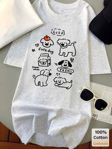 Áo thun ngắn tay dáng lửng bằng cotton in hình "Chú chó Apple", áo thun thời trang thường ngày dành cho nữ, màu xám, thích hợp cho mùa hè. - Xám - Xem 2