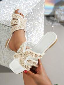 2026夏季新款波西米亚风女士平底凉鞋，柔软鞋底，仙气百搭，珍珠沙滩拖鞋 - 米色 - 查看 4