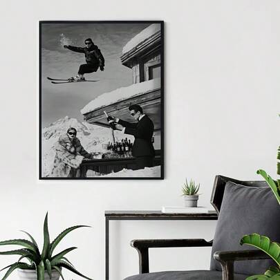 2幅无框黑白滑雪海报 - 复古运动印花，复古帆布墙画，家居装饰佳品，适用于卧室、客厅或宿舍，涤纶材质，描绘了滑雪板运动和香槟庆祝的冬季场景，是房间装饰的理想之选。