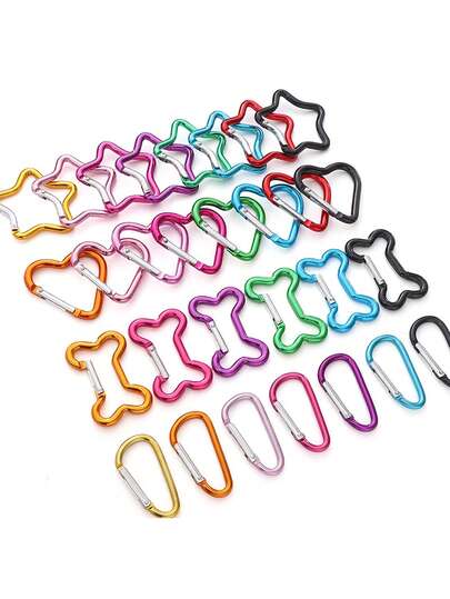 10 chiếc móc khóa carabiner bằng nhôm - Nhiều hình dạng (Ngôi sao, Trái tim, Xương, Hình chữ D) Dùng cho chìa khóa, túi xách & đồ thủ công DIY, Móc khóa kim loại nhẹ dùng cho dây đeo điện thoại & đồ dùng ngoài trời