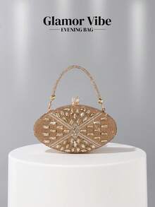 Embrague ovalado con brillantes y cristales - Bolso de mano dorado con asa y correa de cadena, embrague elegante color champán ideal para bodas, fiestas de cóctel y eventos de etiqueta negra - Dorado - Ver 9