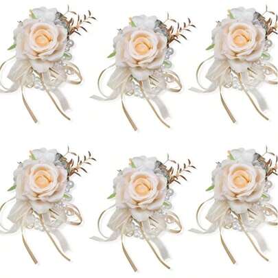 香槟色/白色腕花，舞会必备，6支装；玫瑰婚礼腕花，适合新娘、伴娘、女孩、女士佩戴；仿真腕花，适合新娘母亲佩戴；人造手花，适合返校节、周年纪念等场合佩戴。