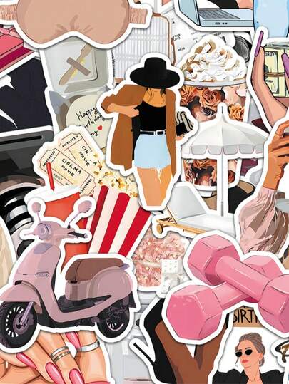 50 miếng dán hình cô gái thành thị màu hồng, hình hoạt hình graffiti, hình dán trang trí cho bình nước, đàn guitar, hành lý, điện thoại, ốp lưng, laptop, ván trượt, quà tặng.