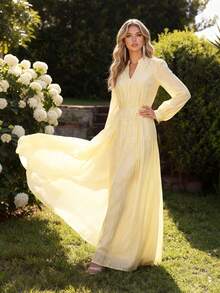 Đầm dạ hội dài tay thanh lịch dành cho nữ, thắt eo, chất liệu vải dệt cao cấp, hoàn hảo cho phù dâu. - Màu be - Xem 2