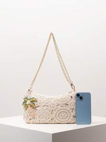 Floral Pattern Women's Shoulder Bag, Metal Chain, Pendant, Ladies Handbag, Suitable For Evening Party, Graduation Dance, Wedding, Elegant Women's Wallet, Women's Gift - Apricot - View 3