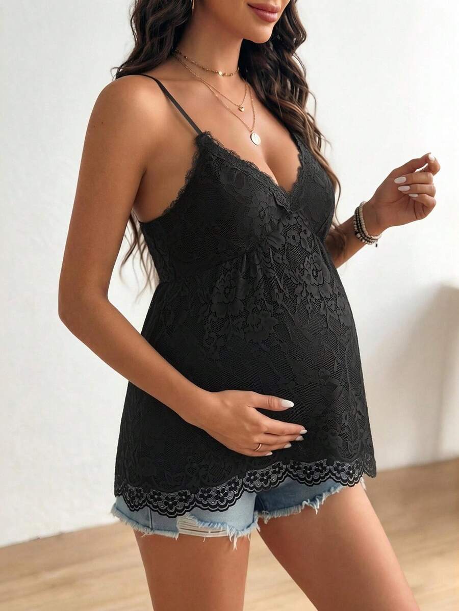孕婦蕾絲細肩帶背心,深V領寬鬆孕婦上衣,性感蕾絲孕婦裝,休閒百搭孕期內搭黑色夏季款 - 黑色 - 查看 1