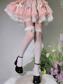 1 Pair Women's Spring/Summer Hollow Heart Net Stockings With Pearl Bow Over-The-Knee Thigh High Socks - White 3 - View 4