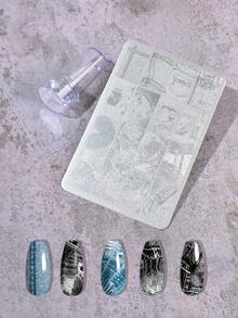 1 片牛仔布纹理美甲印花板，1 个带盖美甲印章和刮刀工具套装 - 銀色 - 查看 1