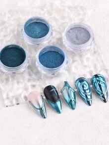 4pcs Blue Magic Mirror Nail Powder - Silver, Blue Mirror Metallic Holographic Nail Powder, Y2K Spring/Summer Captivating Nail Art Decor, Nail Salon Supplies, DIY Nail Products - Multicolor - View 3