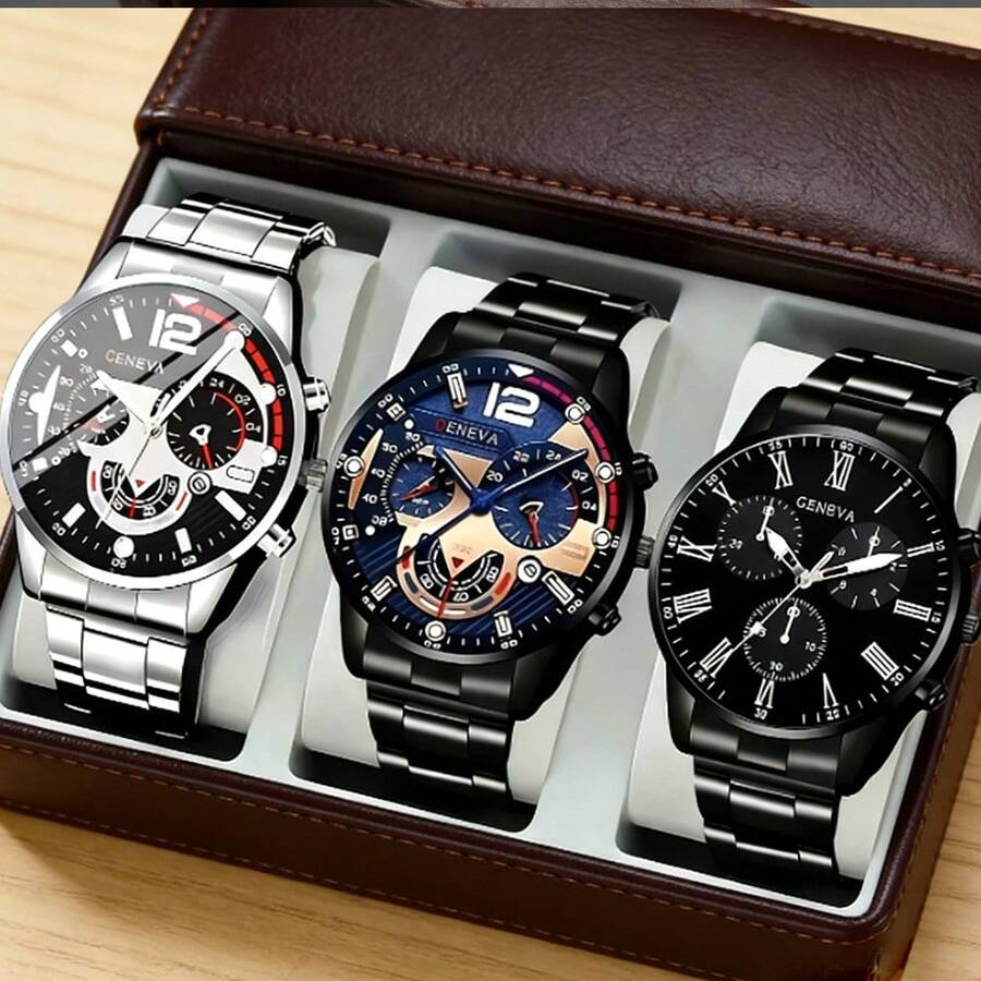 3pcs Sporty Men's Watch Set, 3 Colorblock Designs From Vibrant To Understated Black, Combining Personalized And Steadiness, Suitable For Multiple Occasions - Multicolor - View 1