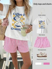 Conjunto de top de manga corta holgado y shorts a rayas con estampado de café y croissant, estilo casual de verano, inspiración de vacaciones, estilo costero, París, Los Ángeles, Londres, Bangkok - Blanco - Ver 1