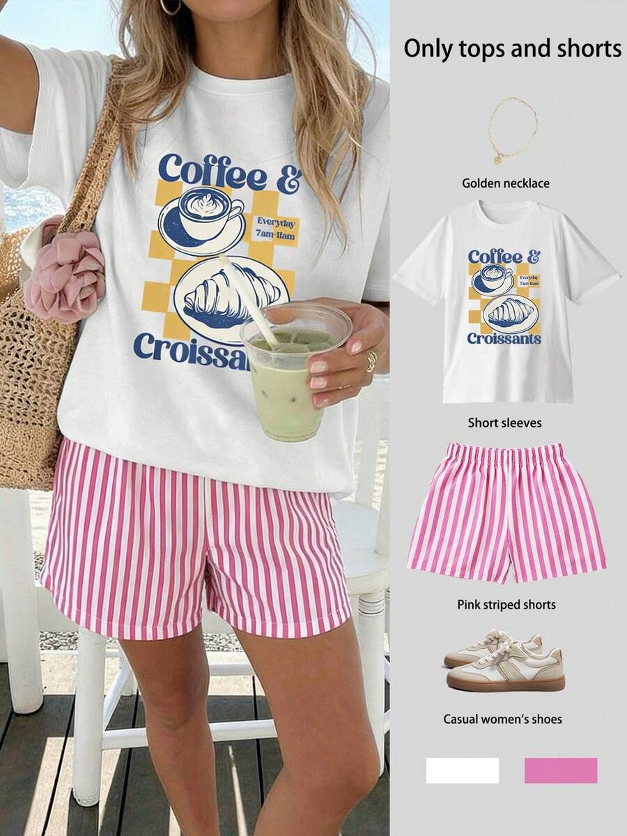 Conjunto de top de manga corta holgado y shorts a rayas con estampado de café y croissant, estilo casual de verano, inspiración de vacaciones, estilo costero, París, Los Ángeles, Londres, Bangkok - Blanco - Ver 1