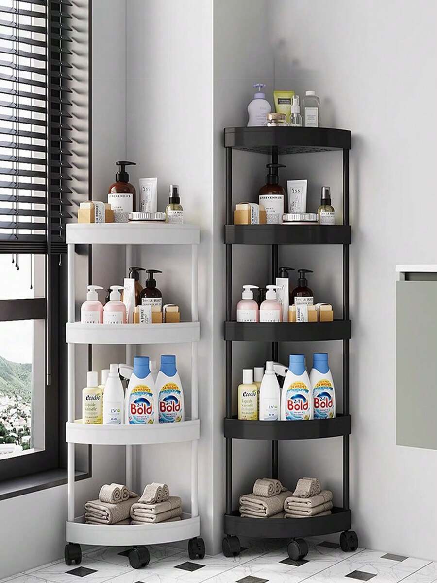 Kệ đựng đồ phòng tắm hình tam giác 5/4/3 tầng với 4 ngăn kéo góc bằng nhựa có bánh xe, dễ dàng lắp ráp và tháo rời, tiết kiệm không gian, thích hợp làm quà tặng ngày lễ, dùng để sắp xếp và cất giữ dầu gội, sữa rửa mặt, mặt nạ, sữa tắm, khăn tắm, mỹ phẩm và các vật dụng cần thiết hàng ngày.