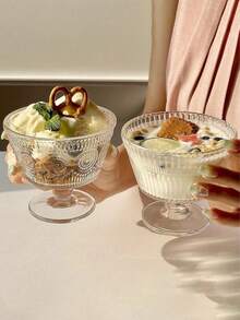 1pc Embossed Pattern Transparent Glass Coffee Cup, Dessert Cup, Ice Cream Cup, Glass Water Cup, Yogurt Cup, Pudding Cup, Retro Style - Multicolor - View 2