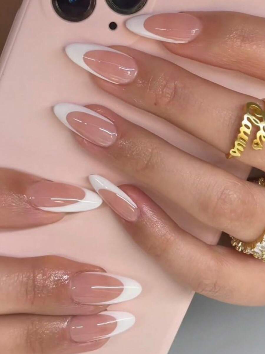 24pcs/Set Almond Shaped French Minimalist White Fashion Full Cover False Nails, Suitable For Women And Girls Daily Life And Parties, Comes With 1pc Jelly Gel And 1pc Nail File